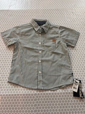 NWT American Hawk Boys' Short Sleeve Green Blue Striped Button Down Shirt Size 4